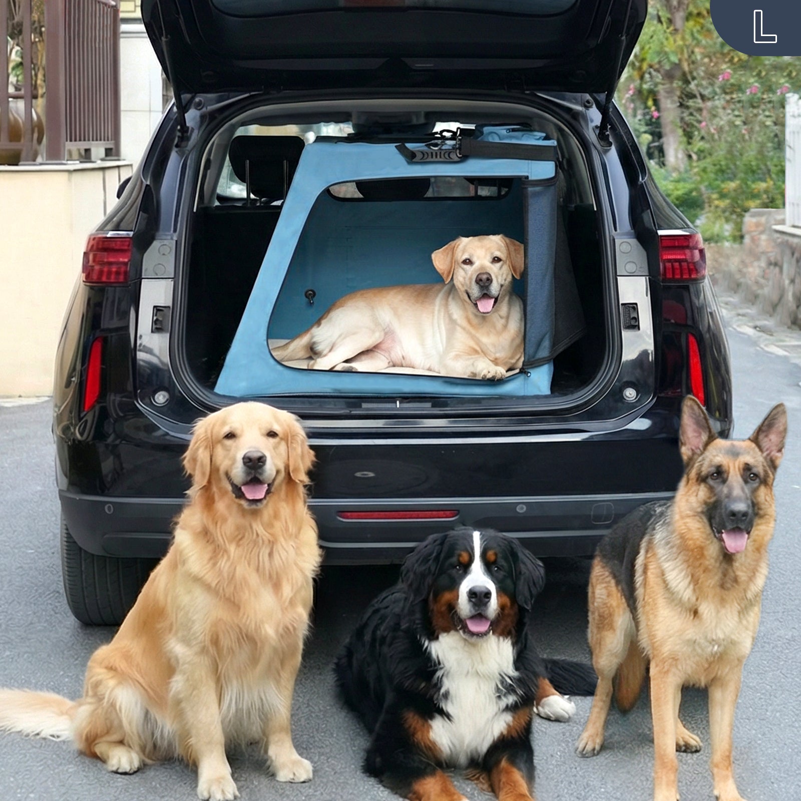 Size L Snagle Paw travel dog crate in an SUV trunk, perfect for large breeds like Golden Retrievers and German Shepherds.
