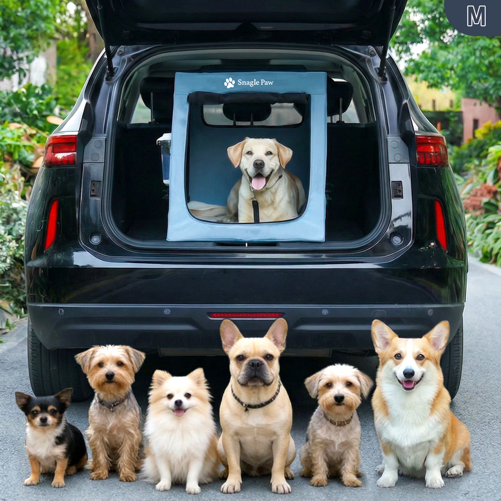 Size M Snagle Paw SUV trunk dog crate with a Labrador inside, surrounded by small dog breeds like Corgis and Frenchies.