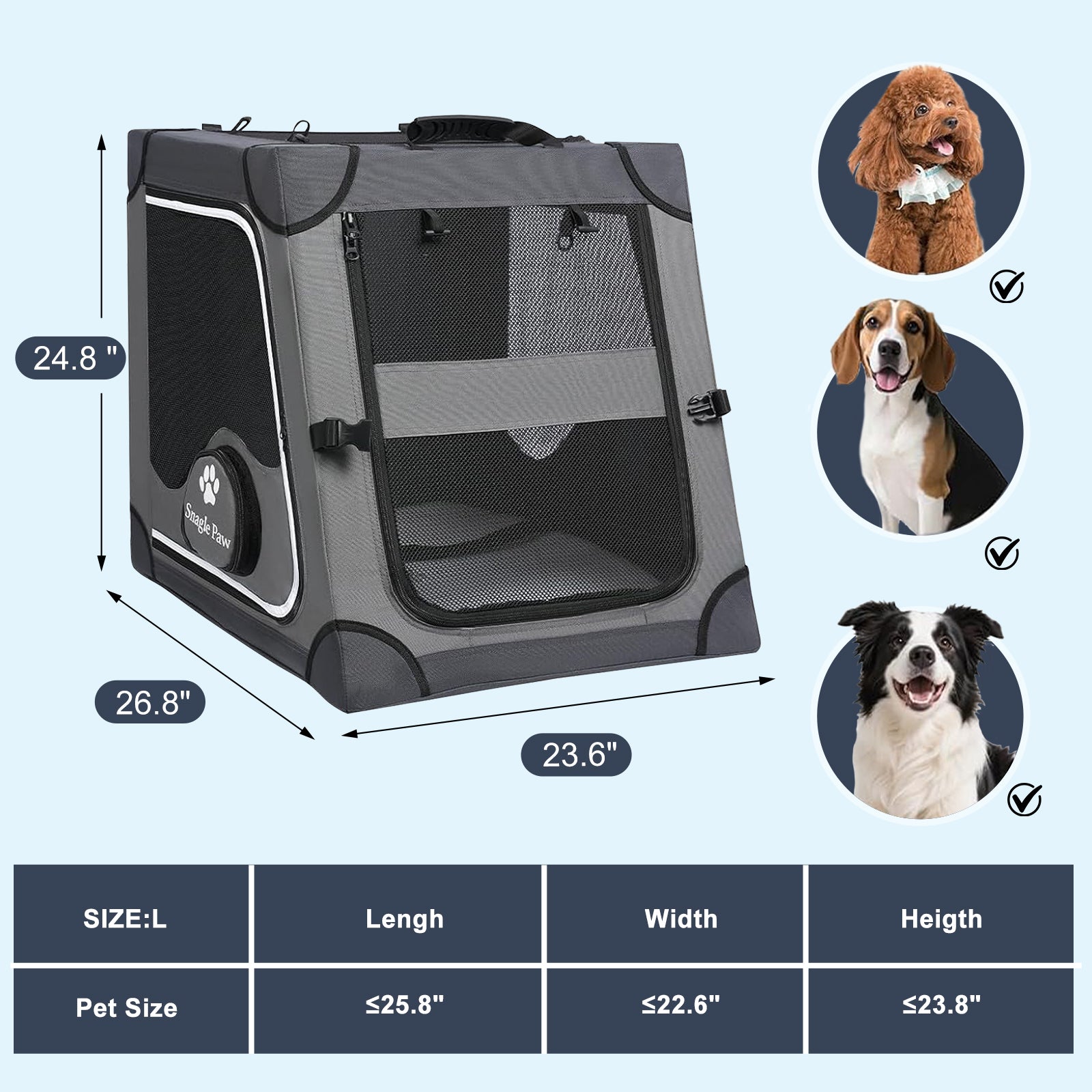 Large grey Snagle Paw Travel Dog Crate for Car Back Seat with dimensions and size guide for medium breeds.