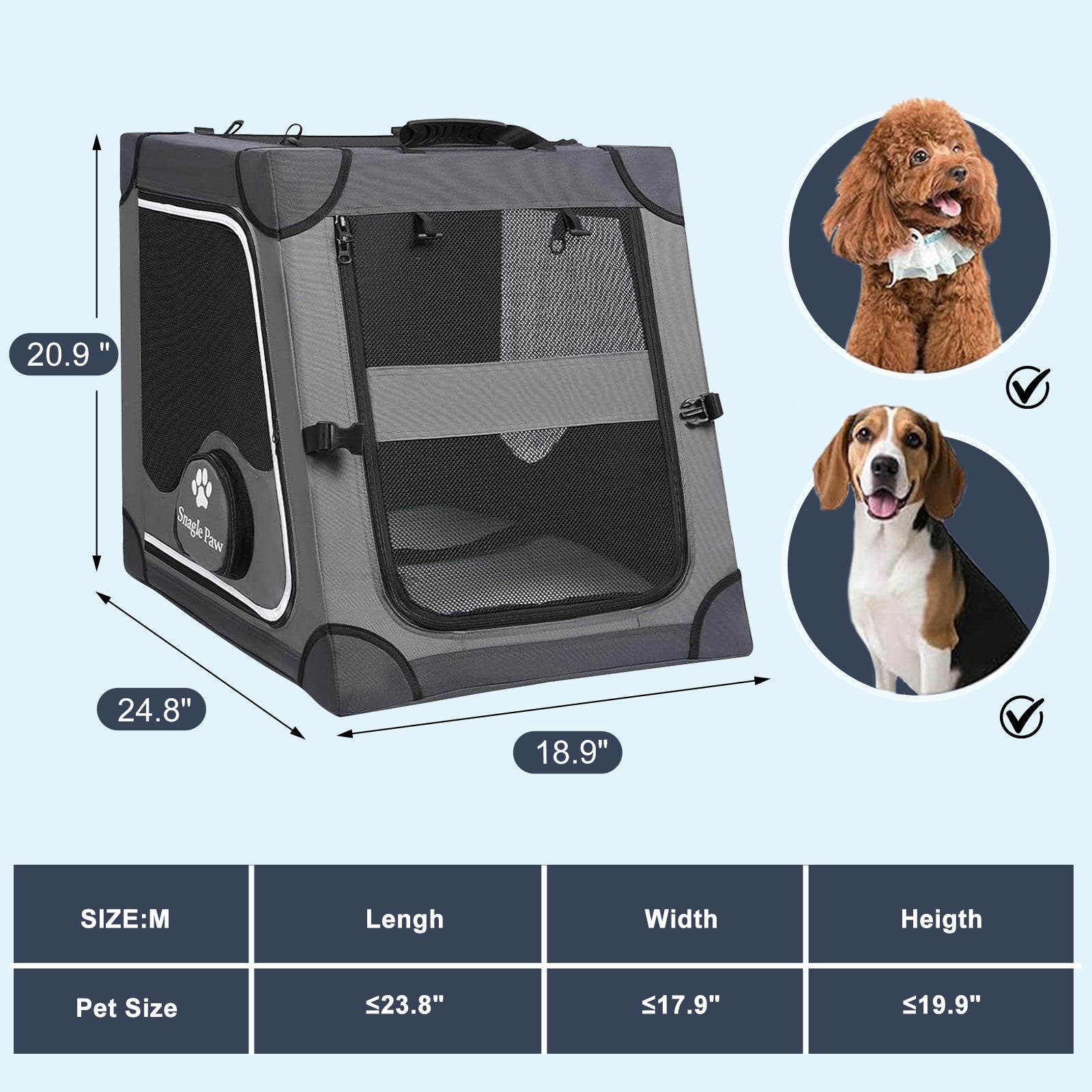 Medium grey Snagle Paw Travel Dog Crate for Car Back Seat with dimensions and size guide for pets.