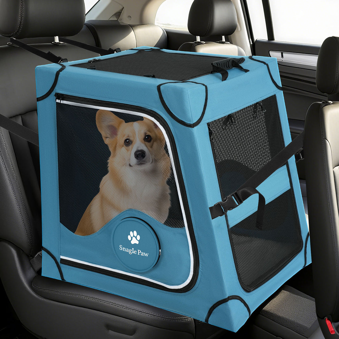 Snagle Paw blue travel dog crate for car back seat with non-collapsible metal frame and breathable mesh for medium to large dogs.
