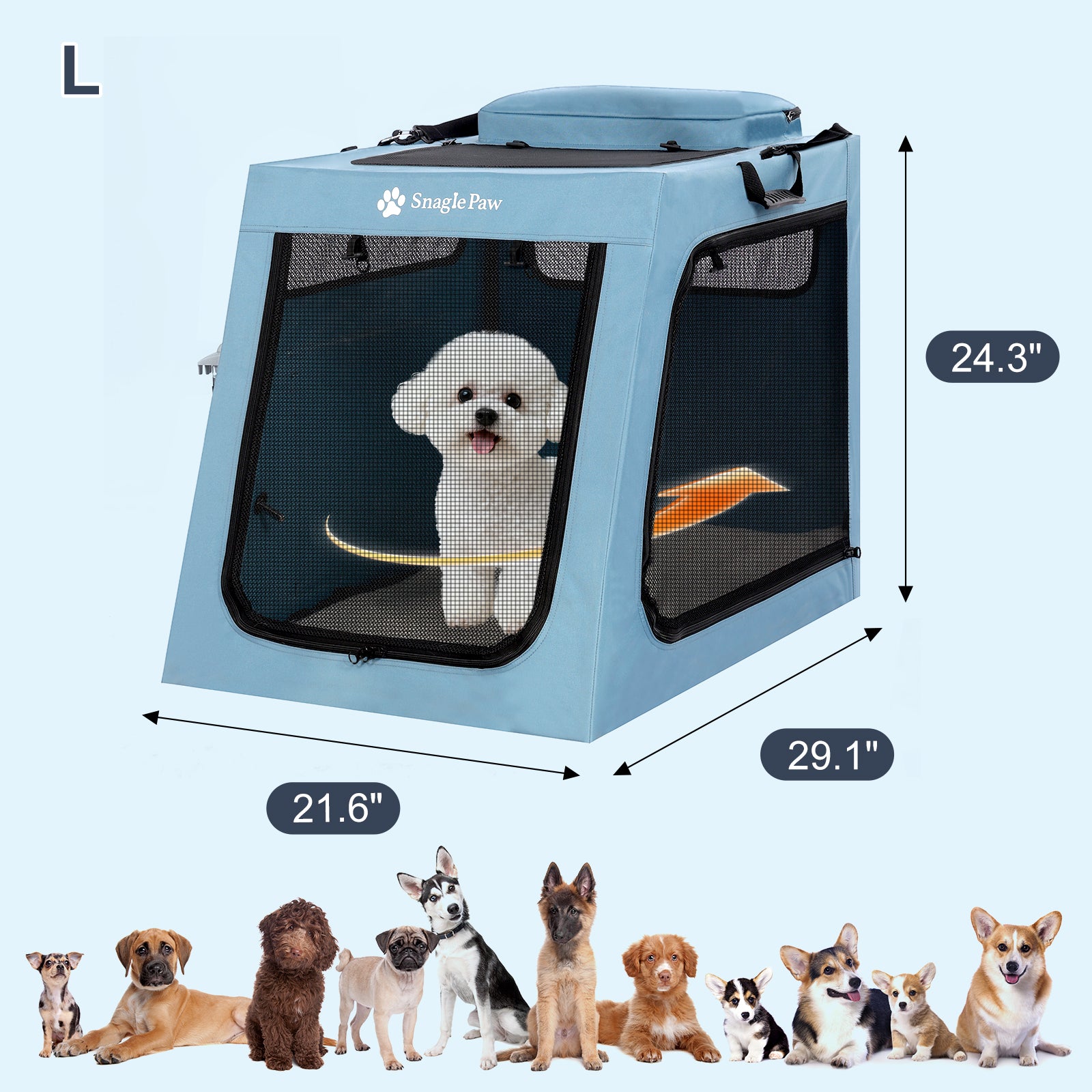 Large blue Snagle Paw Travel Dog Crate for SUV Trunk with dimensions and breed size guide.