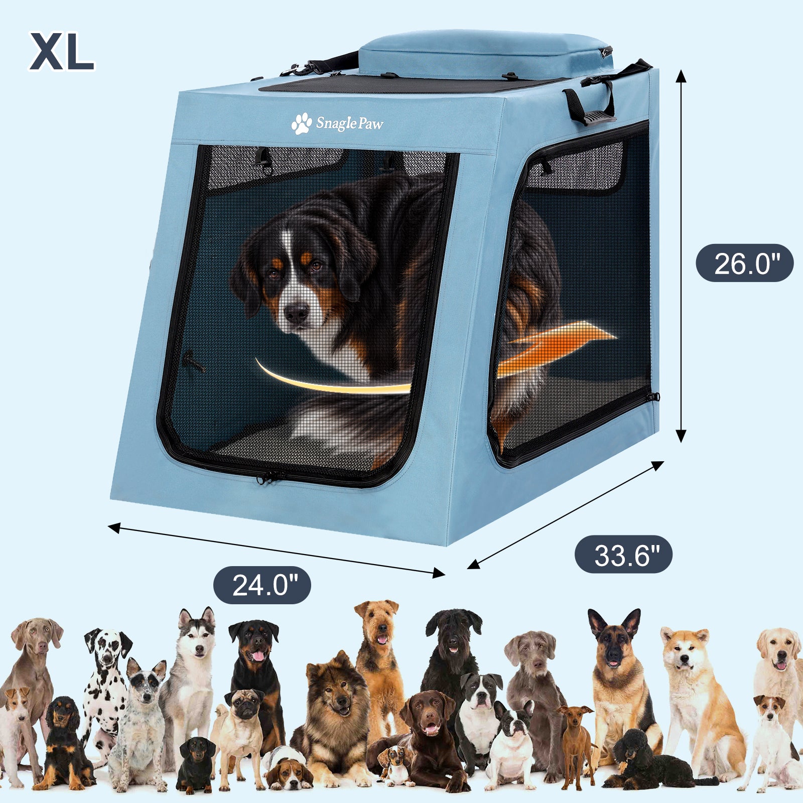 Extra Large XL blue Snagle Paw Travel Dog Crate for SUV Trunk showing dimensions and suitable dog breeds.