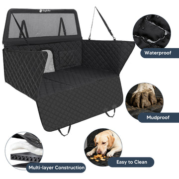 600D Oxford waterproof dog car seat cover with removable bottom panel and non-slip backing for stable and easy cleaning