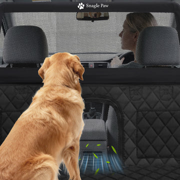Breathable mesh dog car seat cover with see-through barrier allows rear AC airflow and keeps dogs visible for a calmer ride
