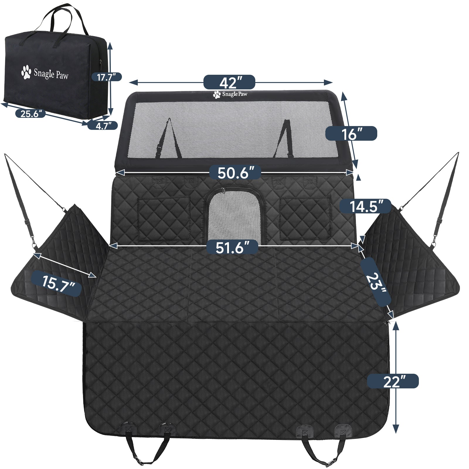 Detailed dimensions of dog car seat cover and included storage bag size
