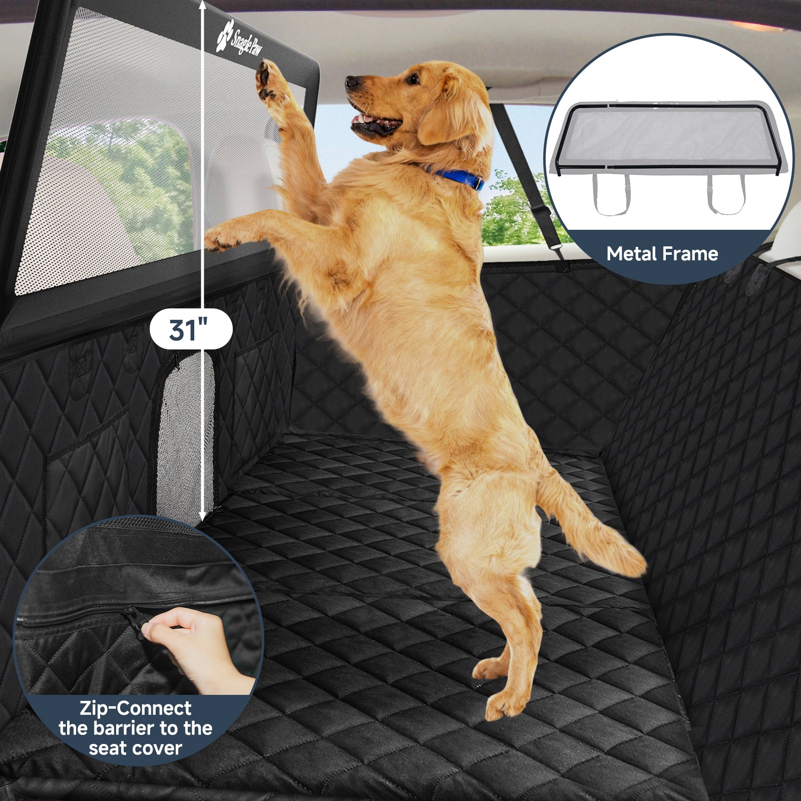 31 inch tall dog car seat cover with rigid metal frame back seat barrier to keep dogs safely secured during car rides