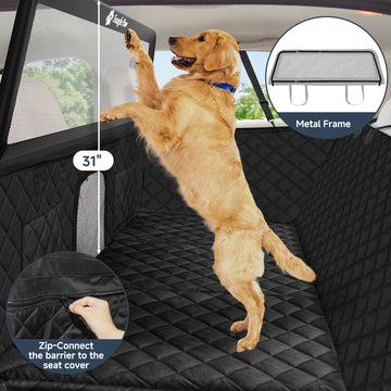 31 inch tall dog car seat cover with rigid metal frame back seat barrier to keep dogs safely secured during car rides