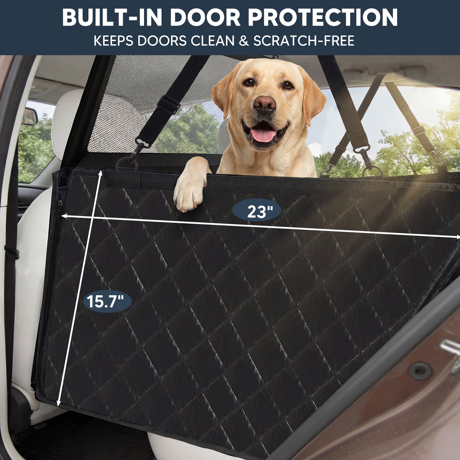 Dog car seat cover with protective side flaps shields car doors and shows detailed dimensions