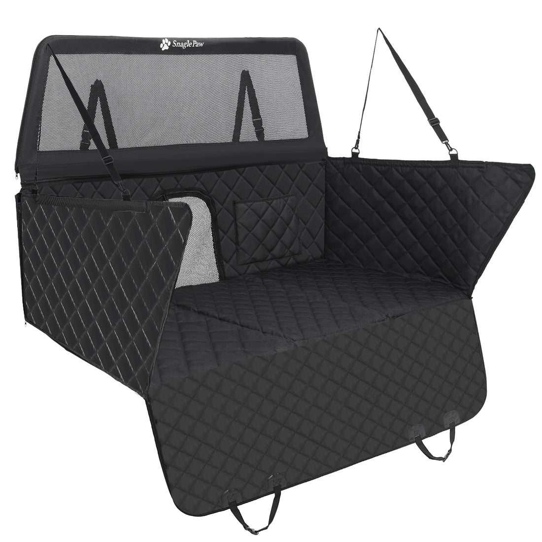 Hard bottom dog back seat extender creates stable and spacious area for multiple dogs to relax comfortably