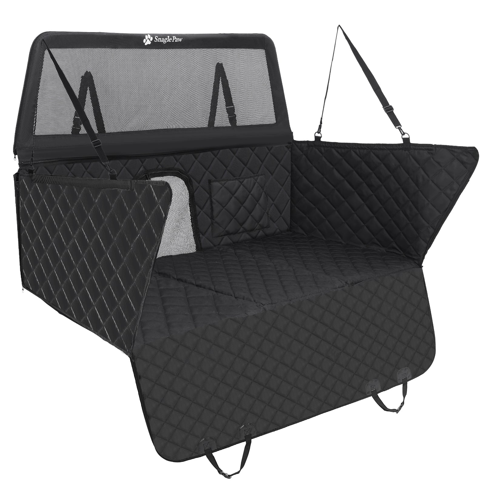 Premium dog car seat cover with tall metal frame barrier and hard bottom support for back seat protection