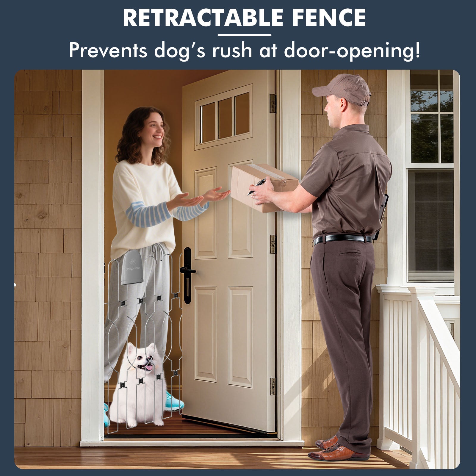 SnaglePaw retractable dog gate with door installed at the front entrance prevents dogs from rushing outside while receiving a delivery, providing a safe and secure pet barrier solution