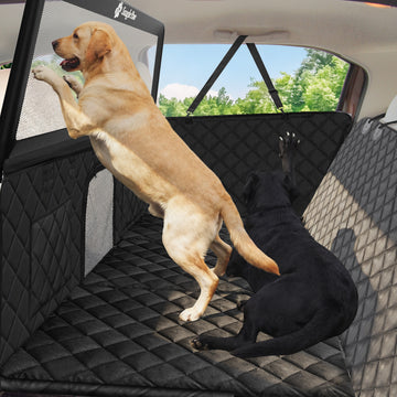 Full coverage dog back seat cover with padded scratch-resistant panels to protect car seats from claws, dirt, and pet hair