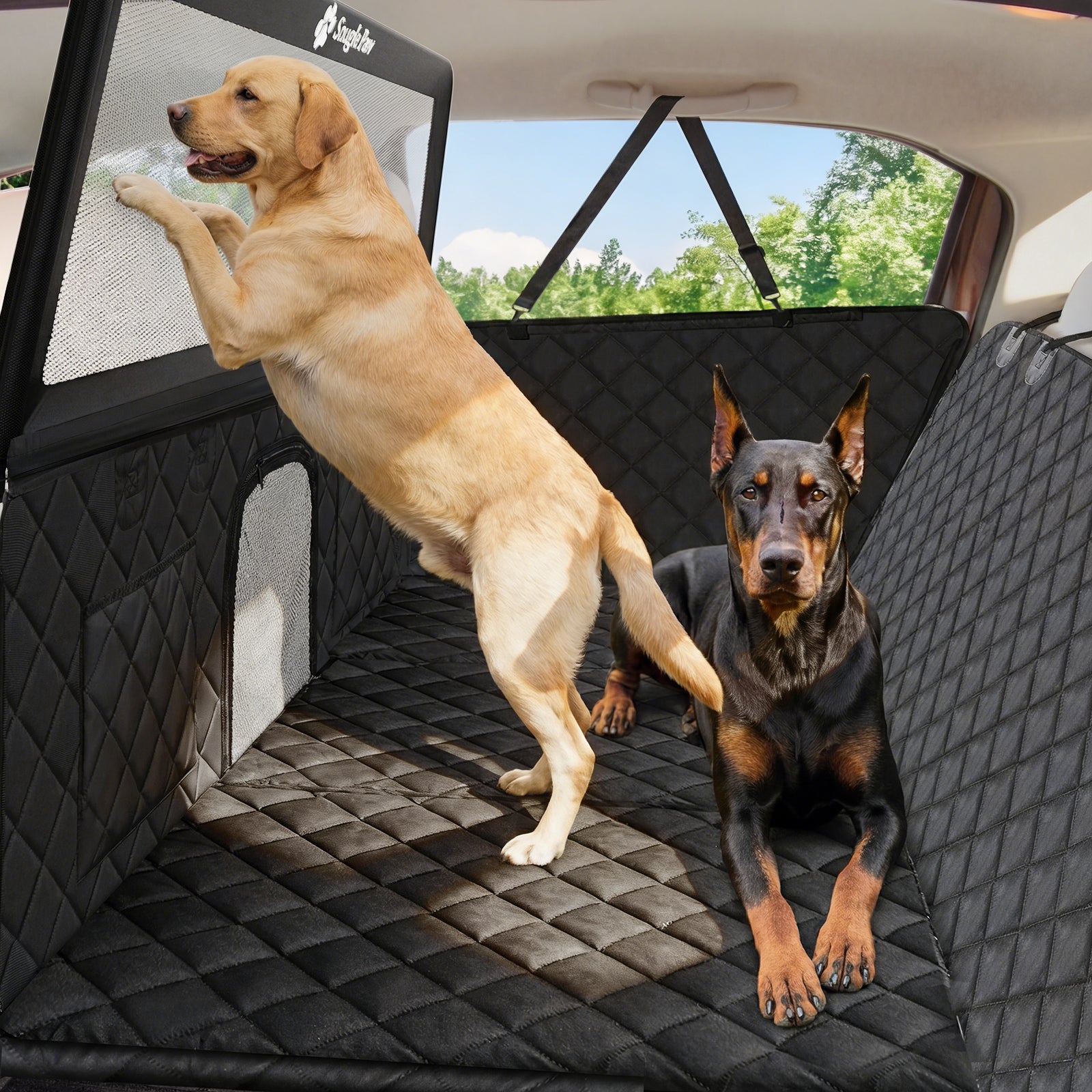 Hard bottom dog back seat extender creates stable and spacious area for multiple dogs to relax comfortably