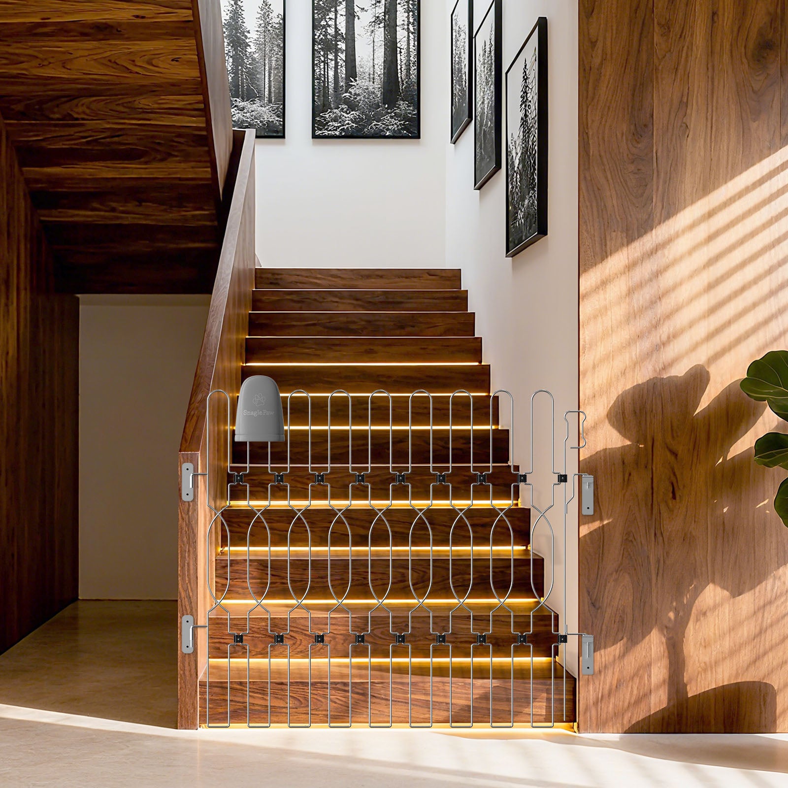 Snagle Paw Metal Retractable Door Barrier fully expanded and installed at the stairs, acting as a secure dog gate for stairs. The sturdy metal design functions as a retractable dog gate and reliable indoor dog gate, helping prevent pets from accessing the staircase while maintaining a clean, modern look.