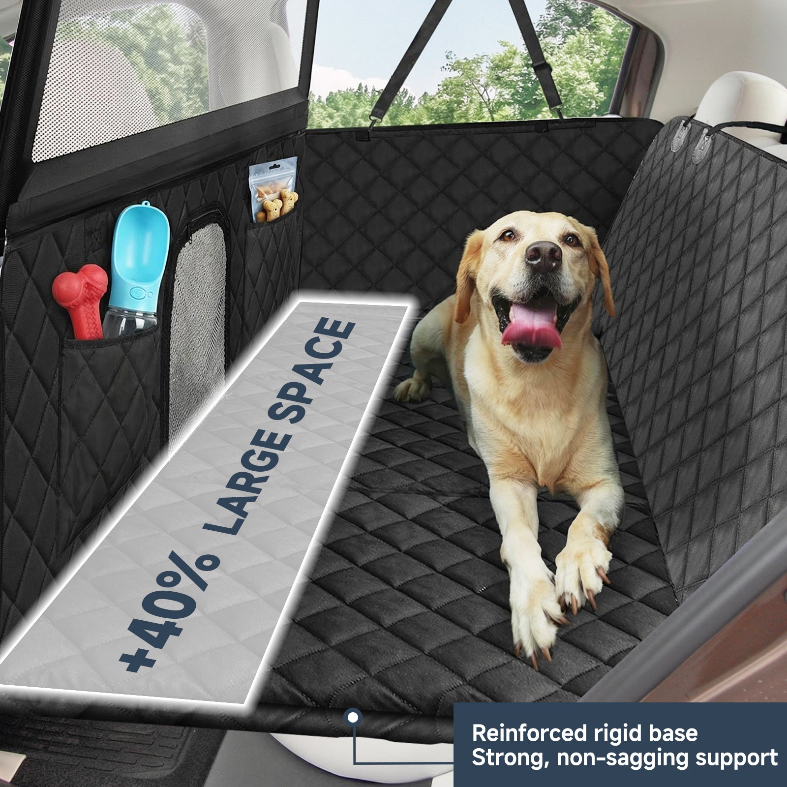Dog car seat cover with upgraded hard bottom extender providing non-sag support and extra back seat space for large dogs