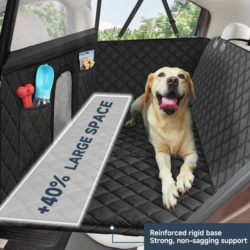 Dog car seat cover with upgraded hard bottom extender providing non-sag support and extra back seat space for large dogs