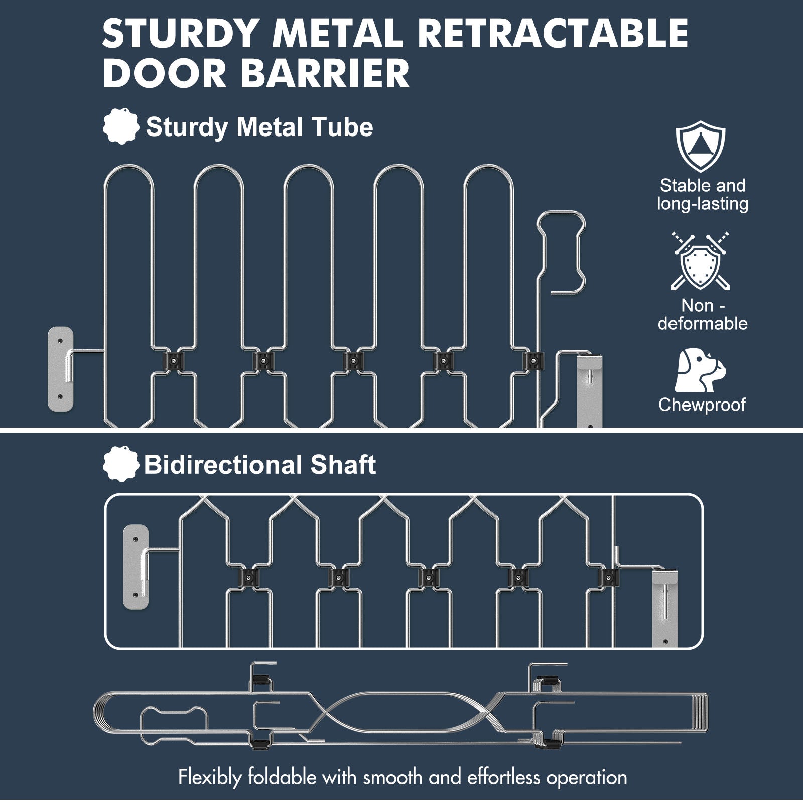 Made with premium metal materials, the SnaglePaw retractable dog gate is chew-resistant, strong, and built to last. This durable dog barrier provides reliable indoor pet safety and protects your home from curious dogs.