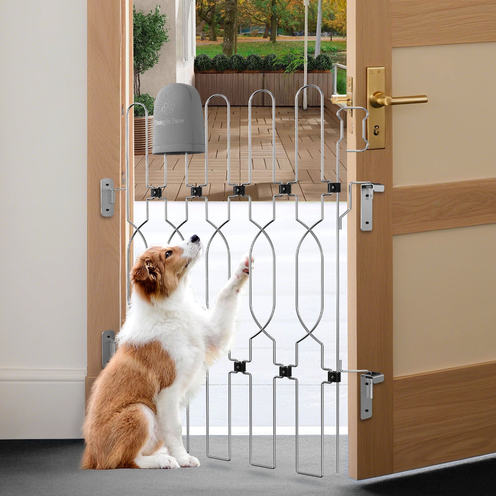 SnaglePaw retractable door barrier for the front door, creating a strong yet transparent pet safety boundary that prevents dogs from rushing outside while keeping the entryway open and tidy.