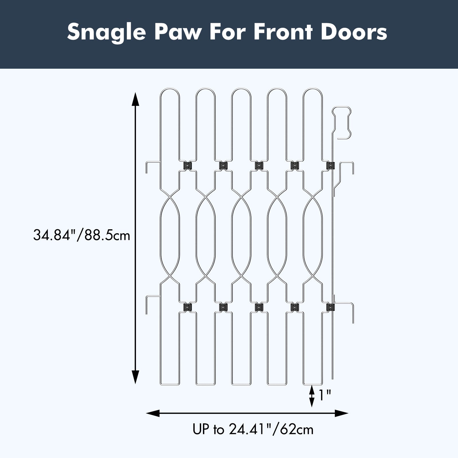 Snagle Paw retractable door barrier for front doors showing dimensions — height 34.84 inches (88 cm), width up to 24.41 inches (62 cm), and bottom clearance 1 inch.
