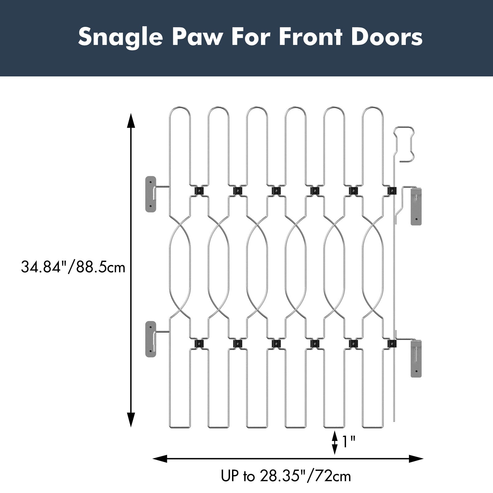Snagle Paw retractable door barrier for front doors featuring 6 connected panels, showing height 34.84 inches (88 cm), width up to 28.35 inches (72 cm), and bottom clearance 1 inch for easy installation.