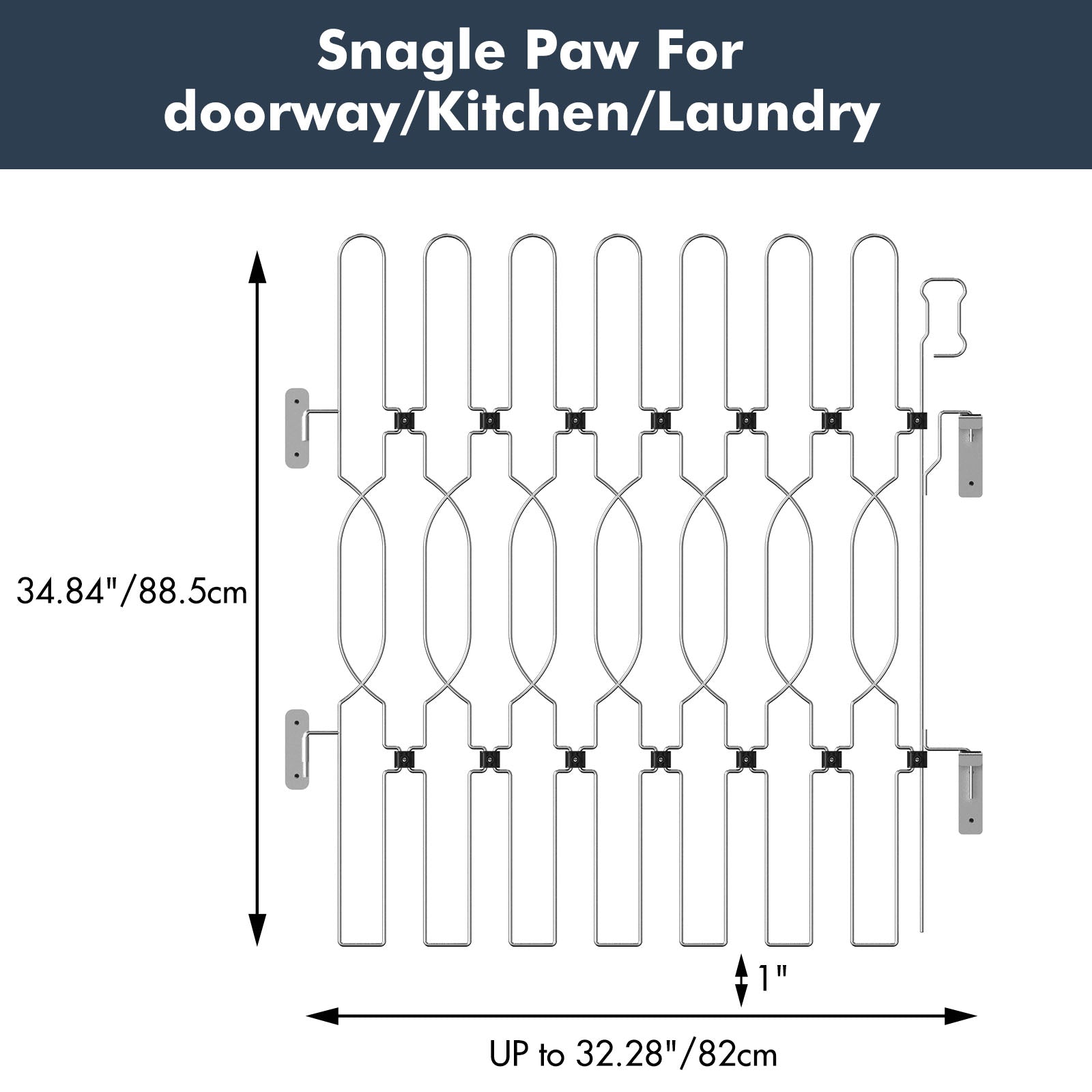 Snagle Paw retractable door barrier for doorways, kitchens, and laundry areas showing height 34.84 inches (88 cm), width up to 32.28 inches (82 cm), and bottom clearance 1 inch, ideal for multi-room pet safety.