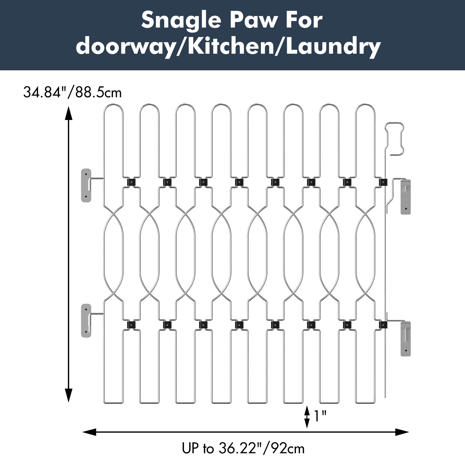 Snagle Paw retractable door barrier for doorways, kitchens, and laundry rooms showing height 34.84 inches (88 cm), width up to 36.22 inches (92 cm), and 1-inch bottom clearance, perfect for wider openings and pet safety.