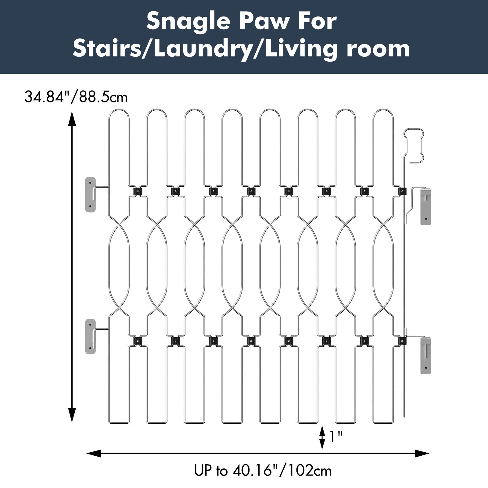 Snagle Paw retractable door barrier for stairs, laundry, and living rooms showing height 34.84 inches (88 cm), width up to 40.16 inches (102 cm), and 1-inch bottom clearance, ideal for wide spaces and safe pet control.