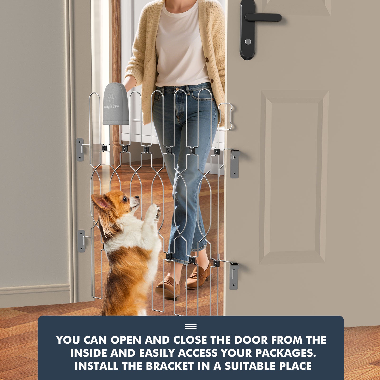 Designed for indoor use, the SnaglePaw retractable dog gate offers convenient inside access while keeping pets secure. Perfect as a dog barrier for kitchens, bedrooms, laundry rooms, and stairs, it ensures both safety and easy movement.