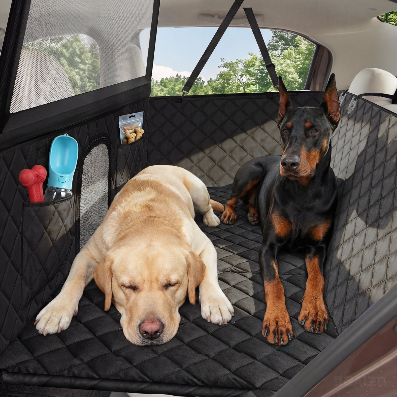 Spacious dog back seat hammock allows two dogs to lie down and travel comfortably