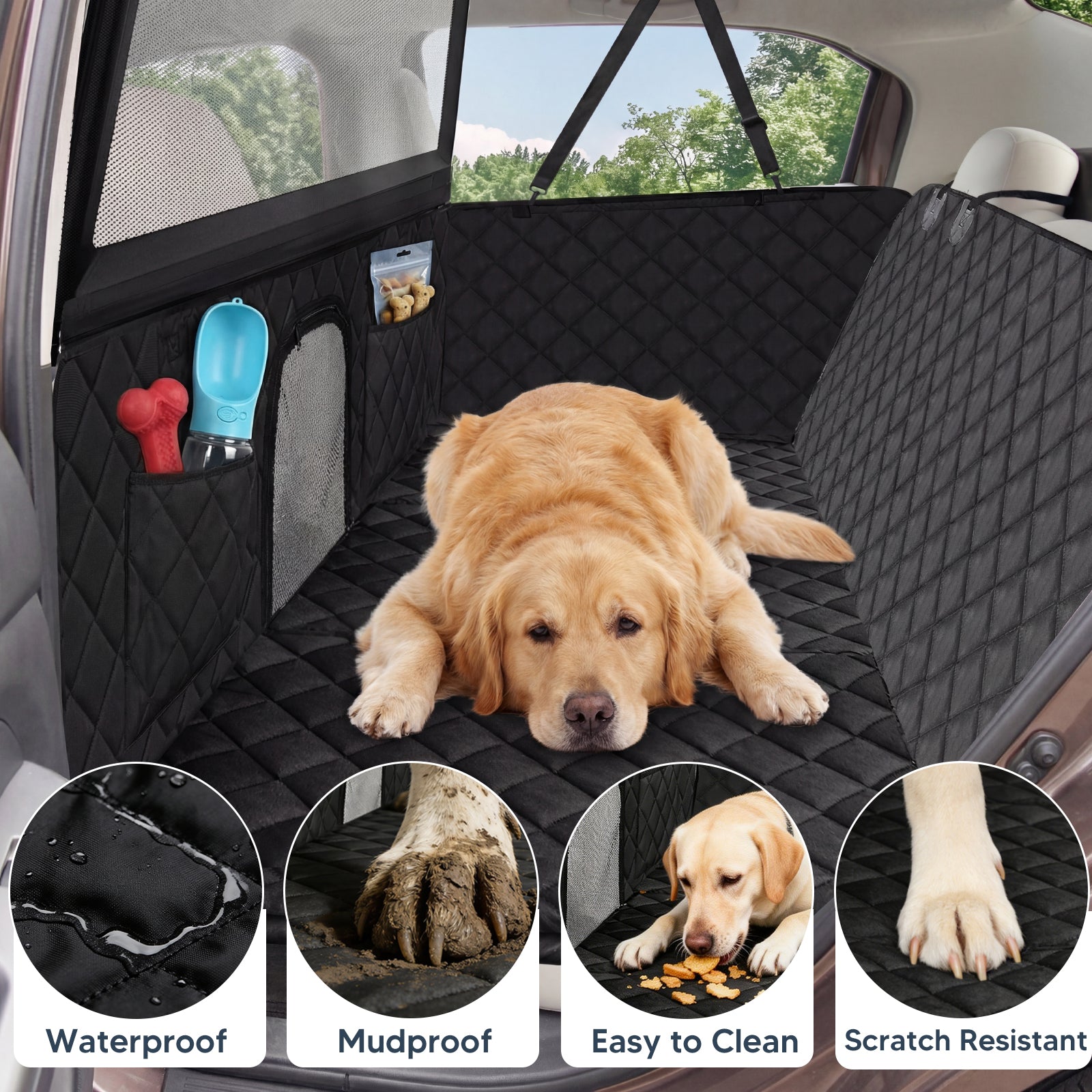 Waterproof and scratch-resistant dog car seat cover protects against mud, dirt, and pet messes