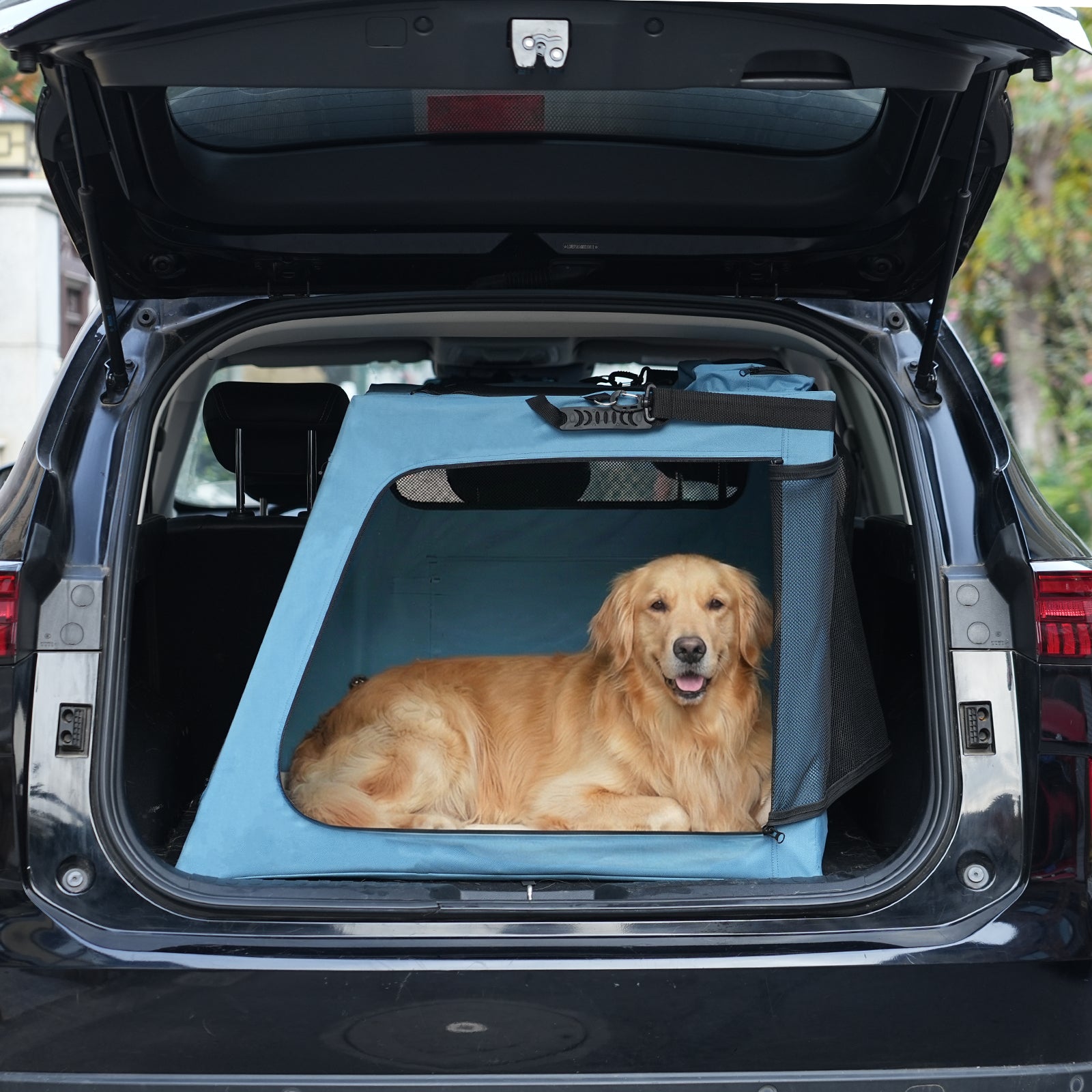 Large Golden Retriever lying comfortably in the spacious interior of the Snagle Paw SUV trunk dog crate.