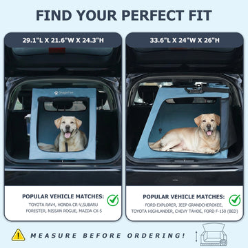 Sizing guide for Snagle Paw dog crates matching SUVs like Toyota RAV4, Honda CR-V, Ford Explorer, and Jeep Grand Cherokee.
