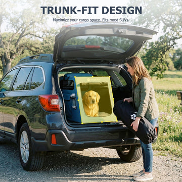 Trunk-fit design infographic showing the Snagle Paw dog crate maximizes cargo space in most SUVs.